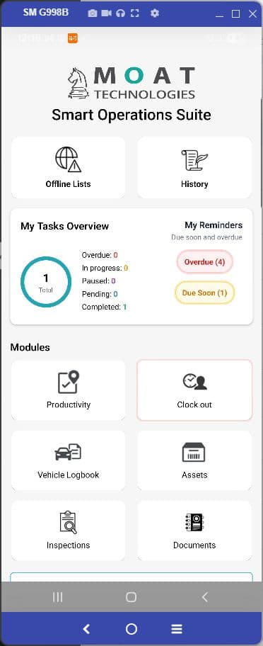 MOAT SmartOps mobile home showing field modules, task status and reminders