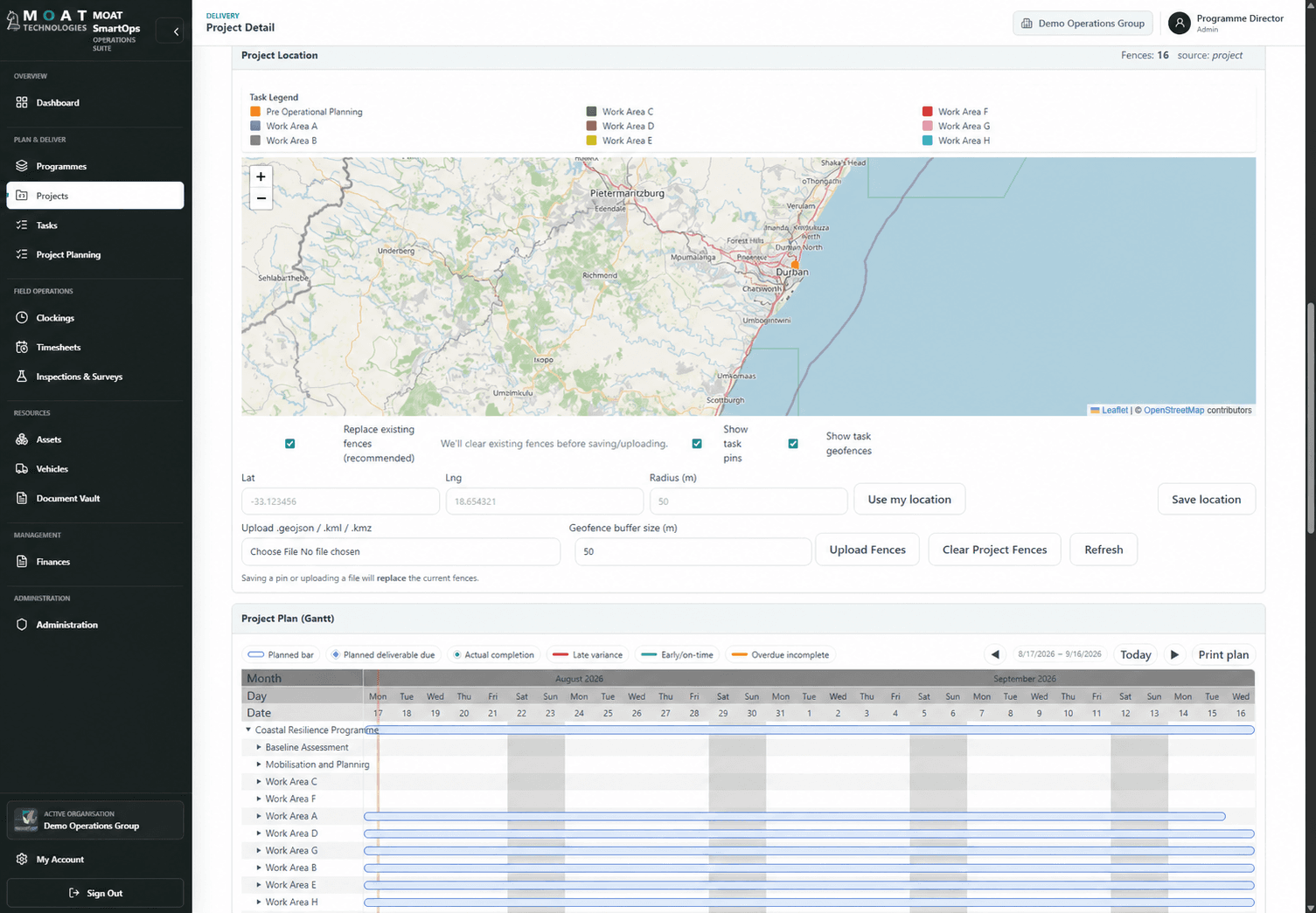 Actual MOAT SmartOps Project Detail view showing the project map and Gantt plan